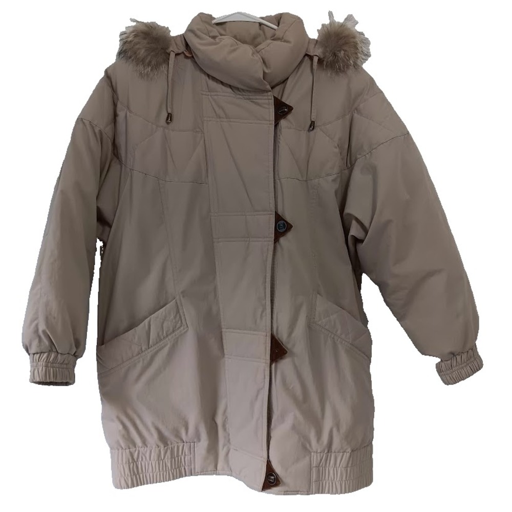 Utex Design Jacket Womens Medium Beige Hooded Down Winter Parka Faux Fur Trim